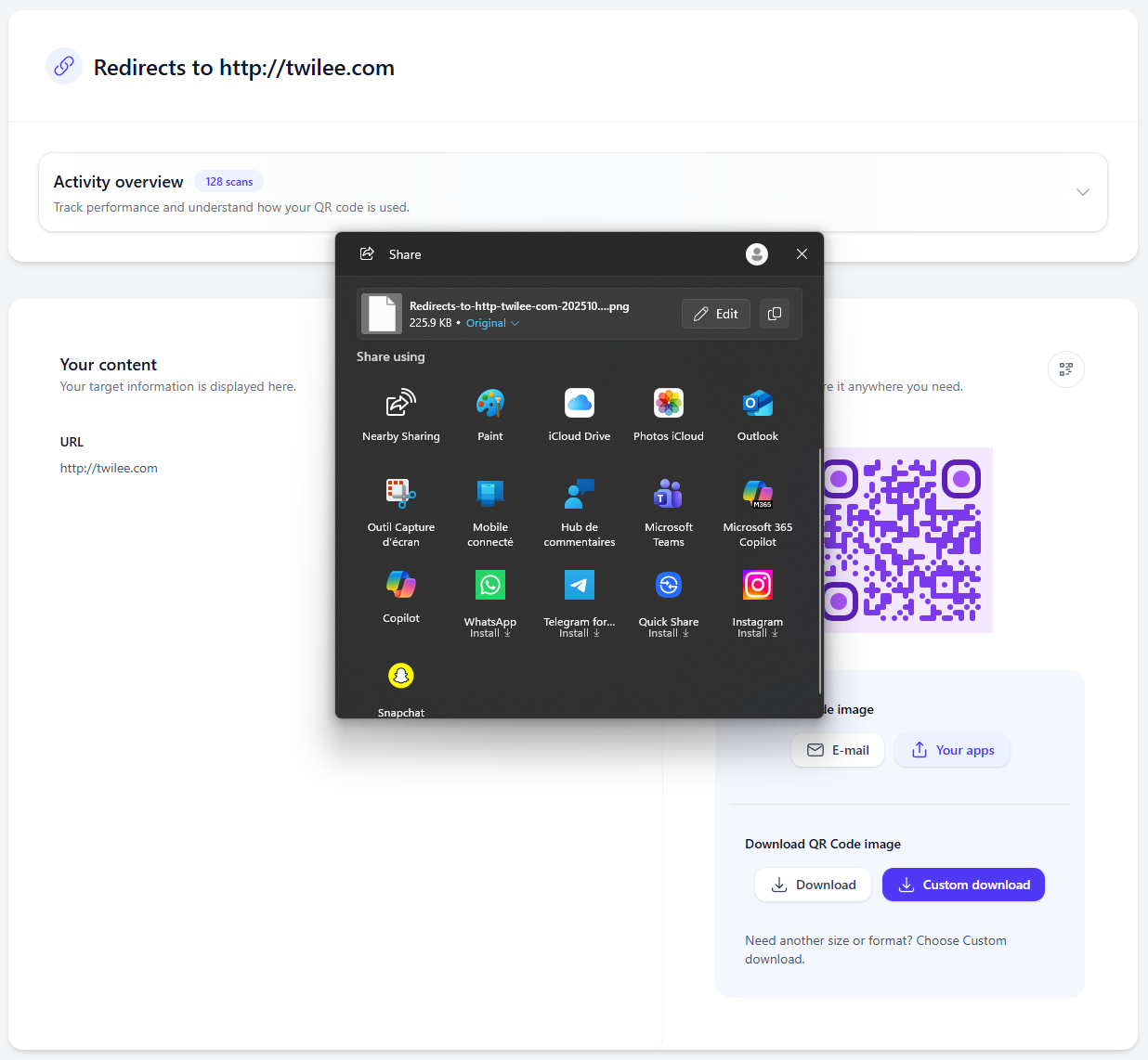 Share your QR code via your apps Screenshot