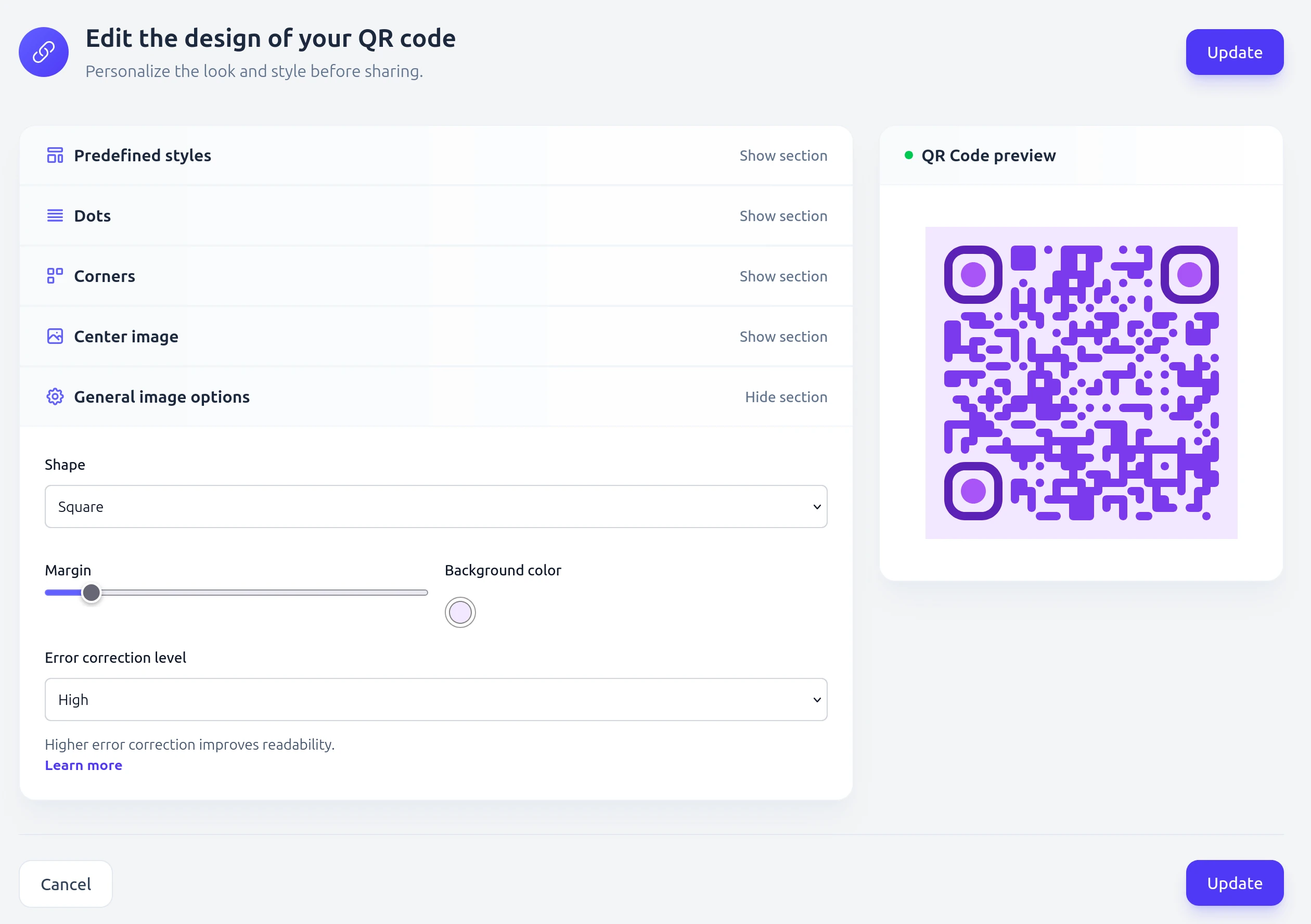 Adjust the error correction level Screenshot