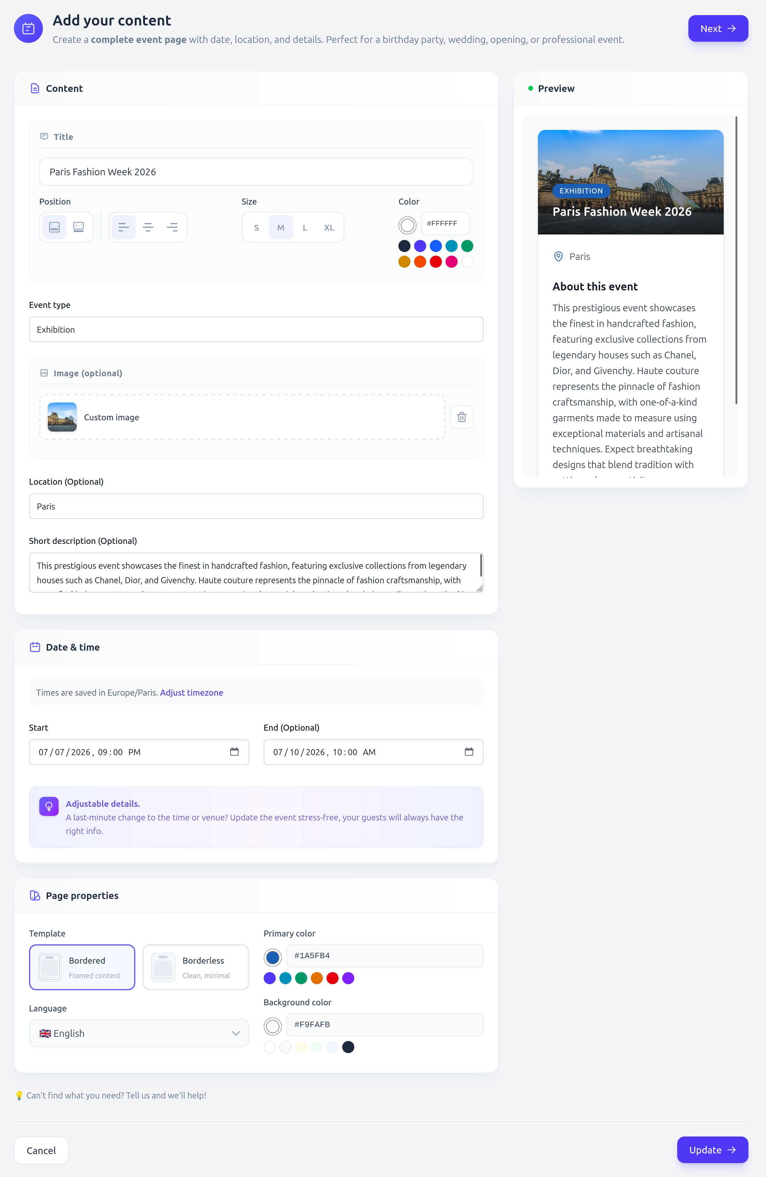 Personnalisation de la page hébergée