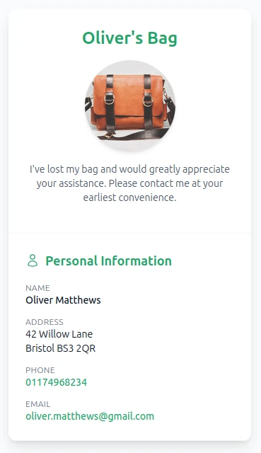 Exemple de QR code pour sac perdu avec informations du propriétaire