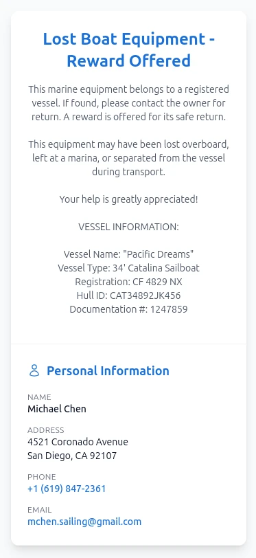 Exemple de QR code pour équipement nautique avec champs personnalisés