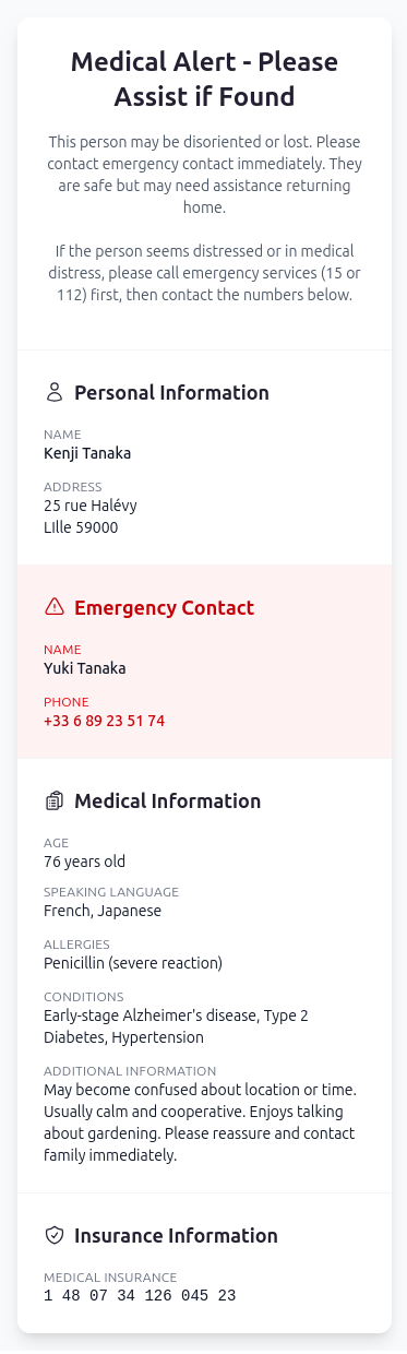 Elderly care QR code example with medical information