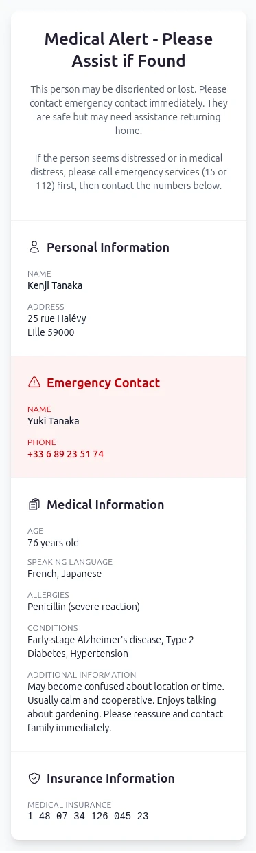 Exemple de QR code pour assistance personnes âgées avec informations médicales