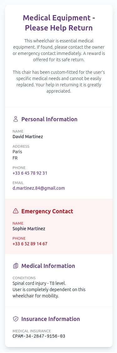 Exemple de QR code pour équipement médical fauteuil roulant