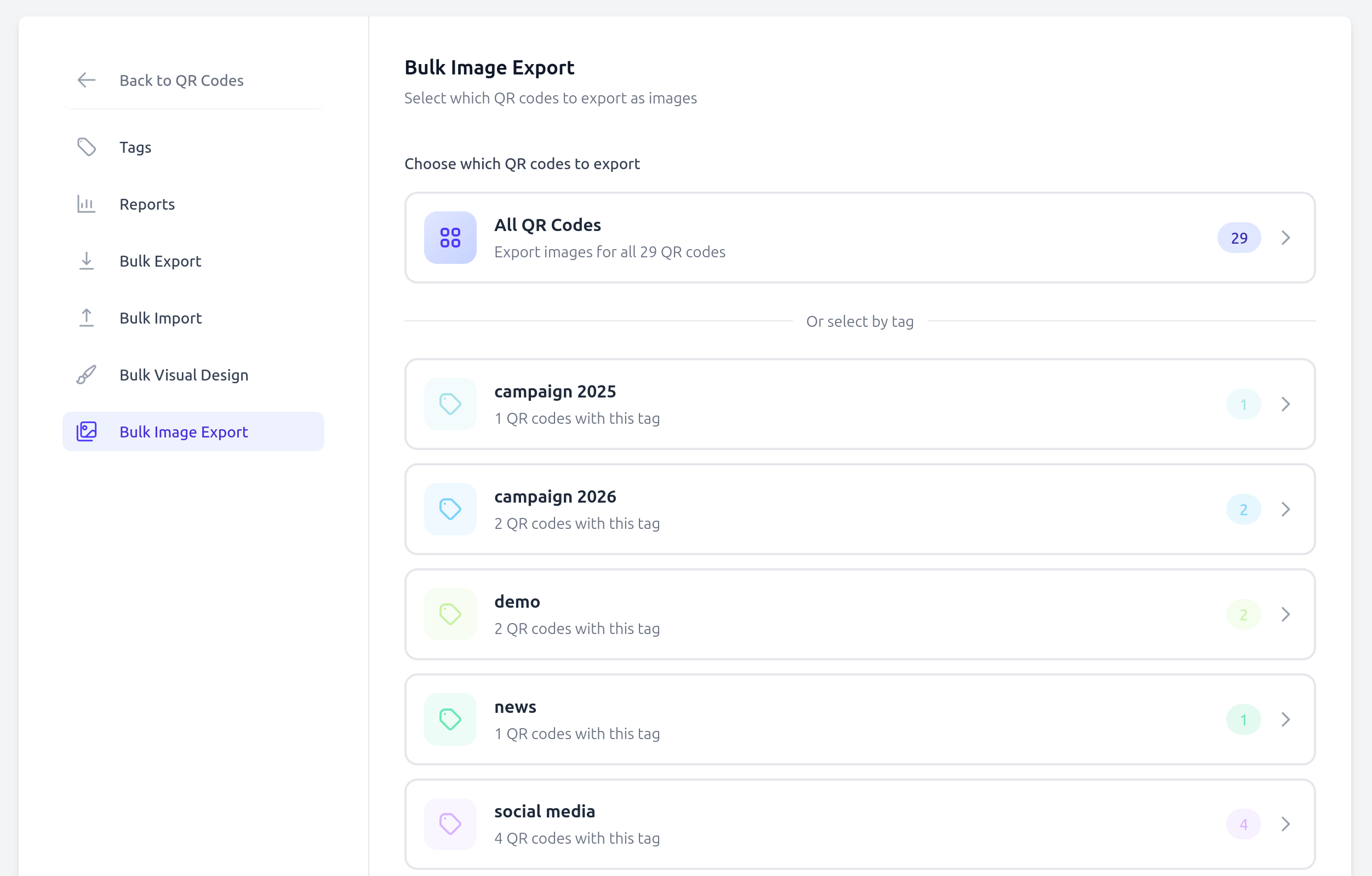 Select QR codes for bulk export