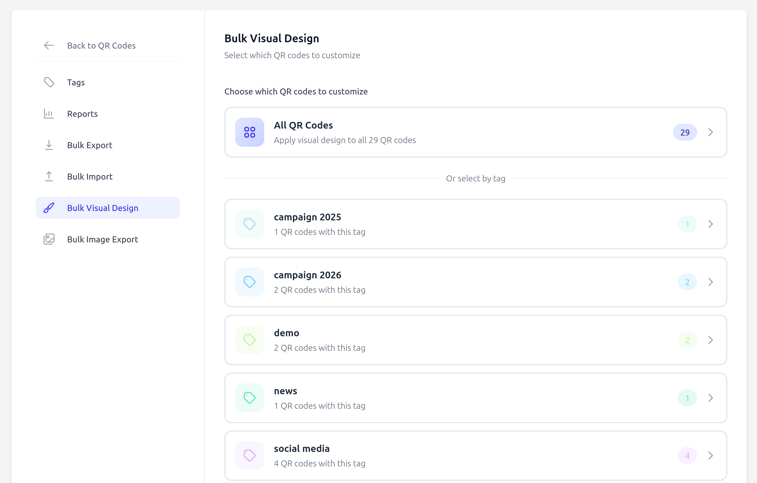 Select QR codes for bulk visual customization