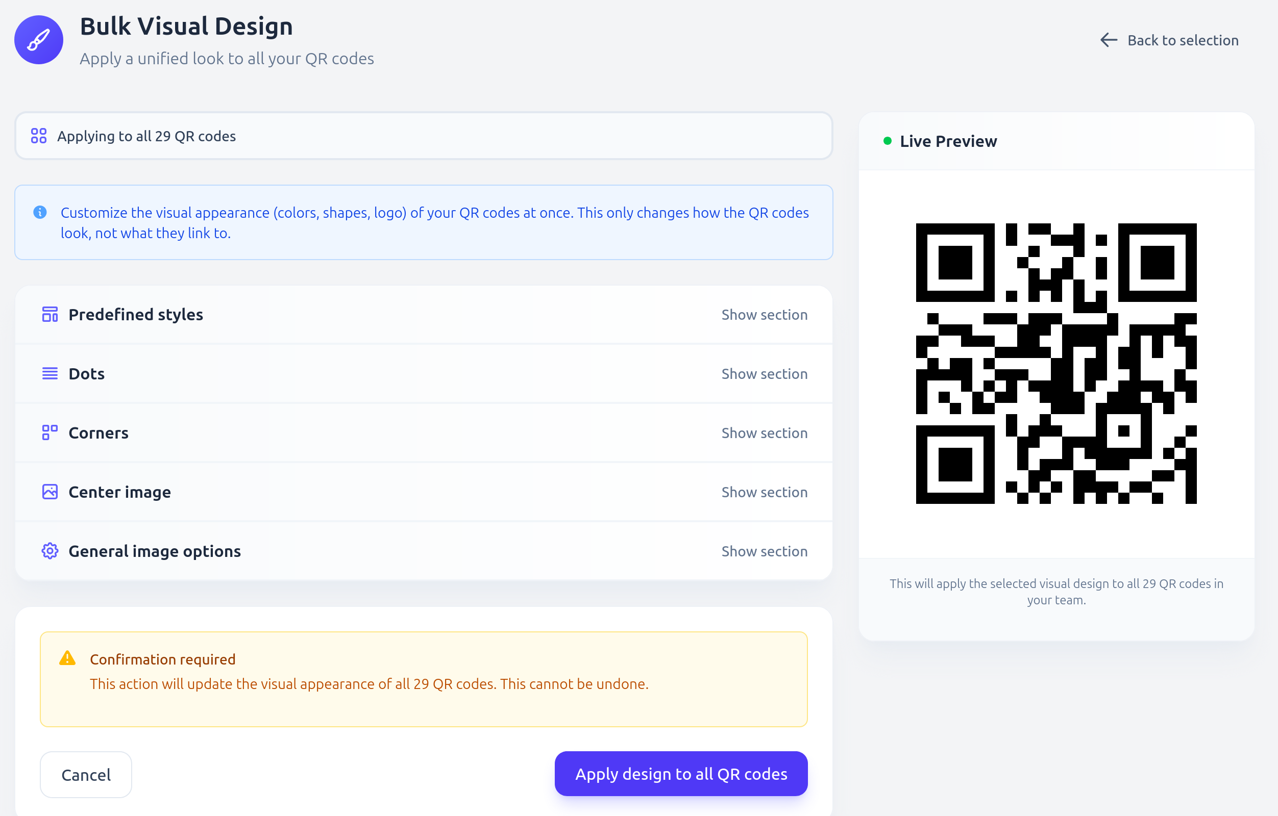 Apply visual customization to multiple QR codes