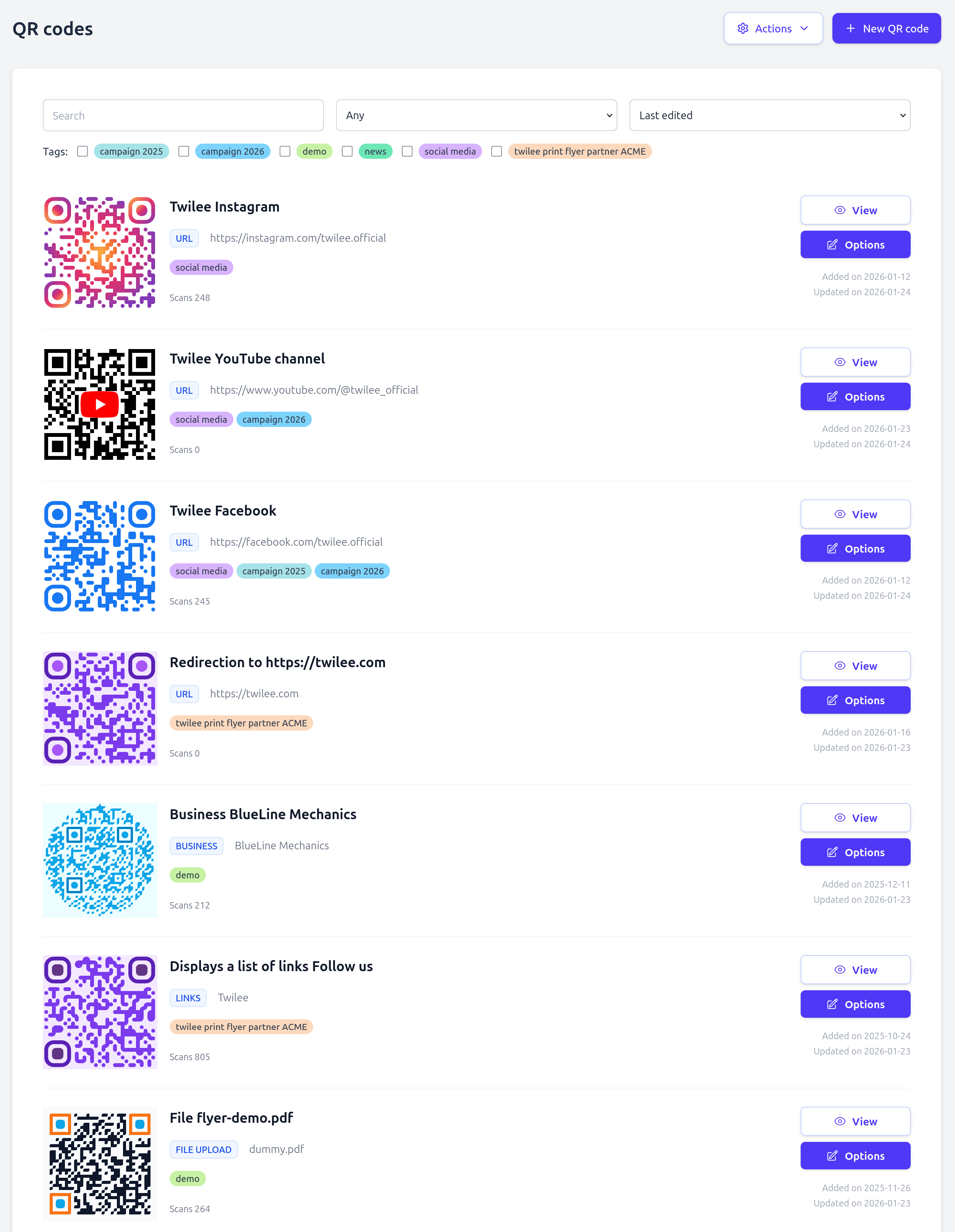 QR codes listing