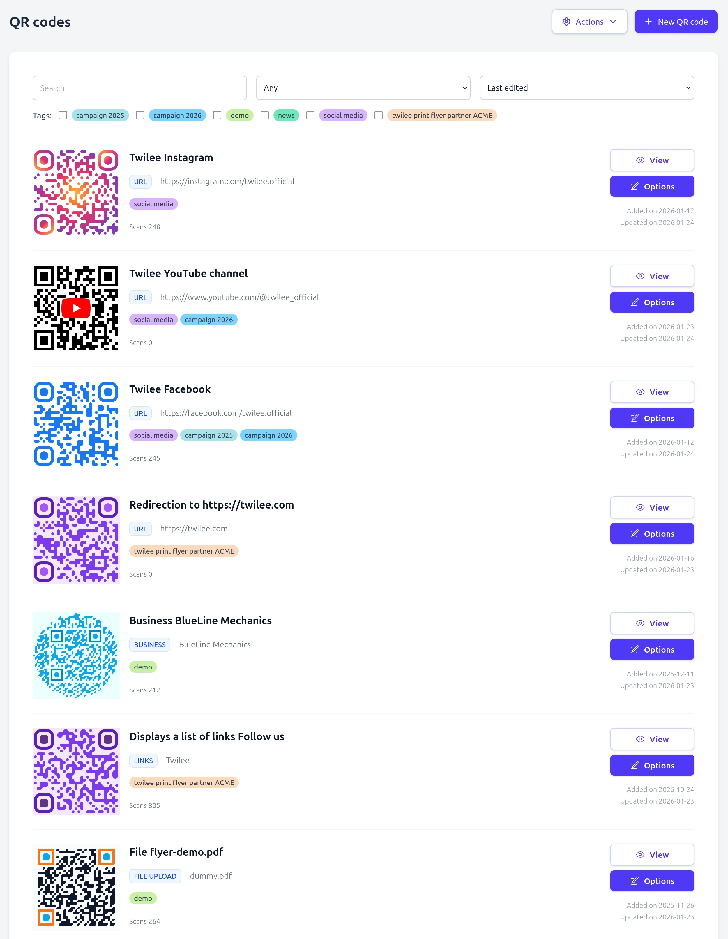 QR codes listing